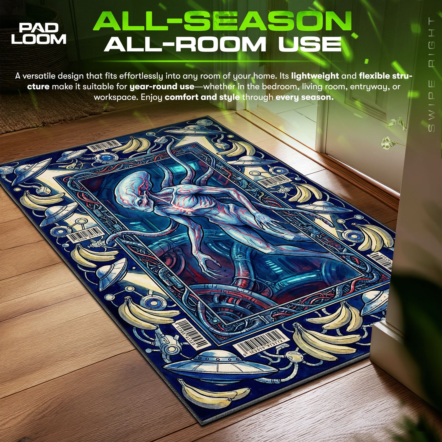 Serpo Alien Biotech Dandadan Chair fan rug — premium quality print