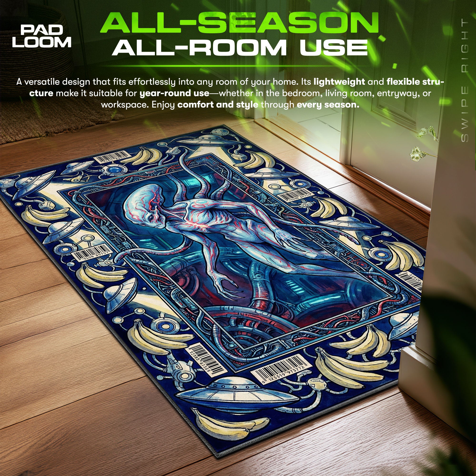 Serpo Alien Biotech Dandadan Chair fan rug — premium quality print