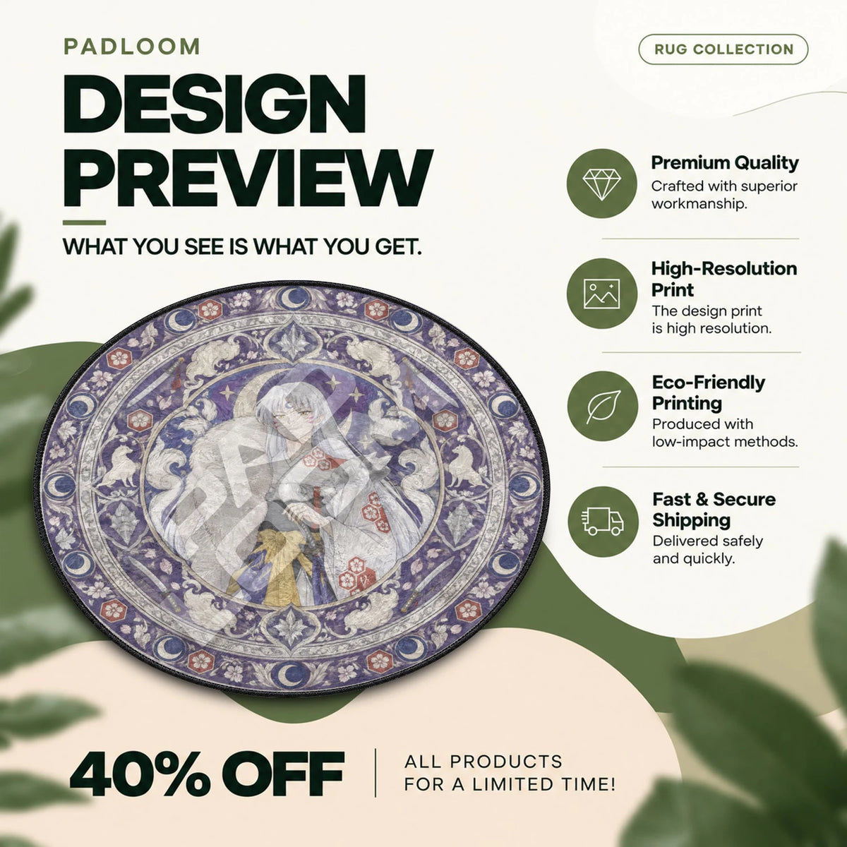 Sesshomaru Moonlit Inuyasha round rug full design preview