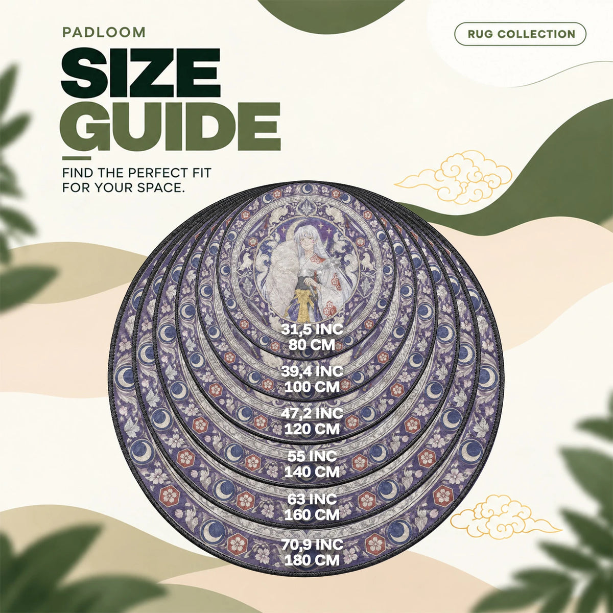 Sesshomaru Moonlit round rug size guide, 80 to 180 cm (31.5 to 70.9 in)