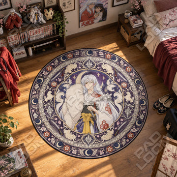 Sesshomaru Moonlit Inuyasha round rug on a bedroom floor - Inuyasha chair mat