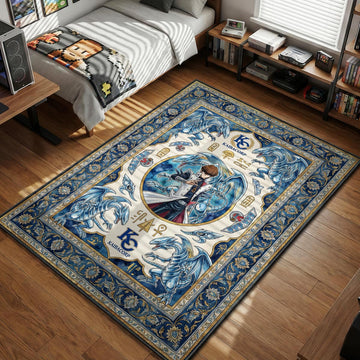 Seto Kaiba summoning Blue-Eyes White Dragon with KaibaCorp logos in royal fantasy art style area rug and floor mat