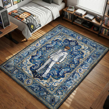 Seto Kaiba standing in a white suit surrounded by Blue-Eyes White Dragons and KC logos in royal blue art style area rug and floor mat
