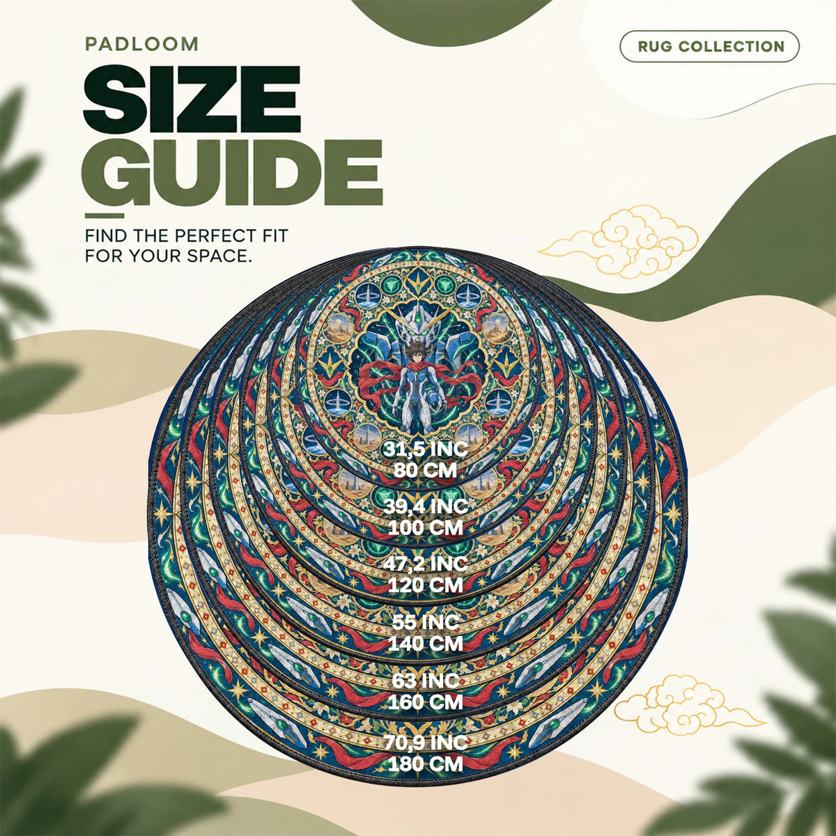 Setsuna Scarf round rug size guide, 80 to 180 cm (31.5 to 70.9 in)