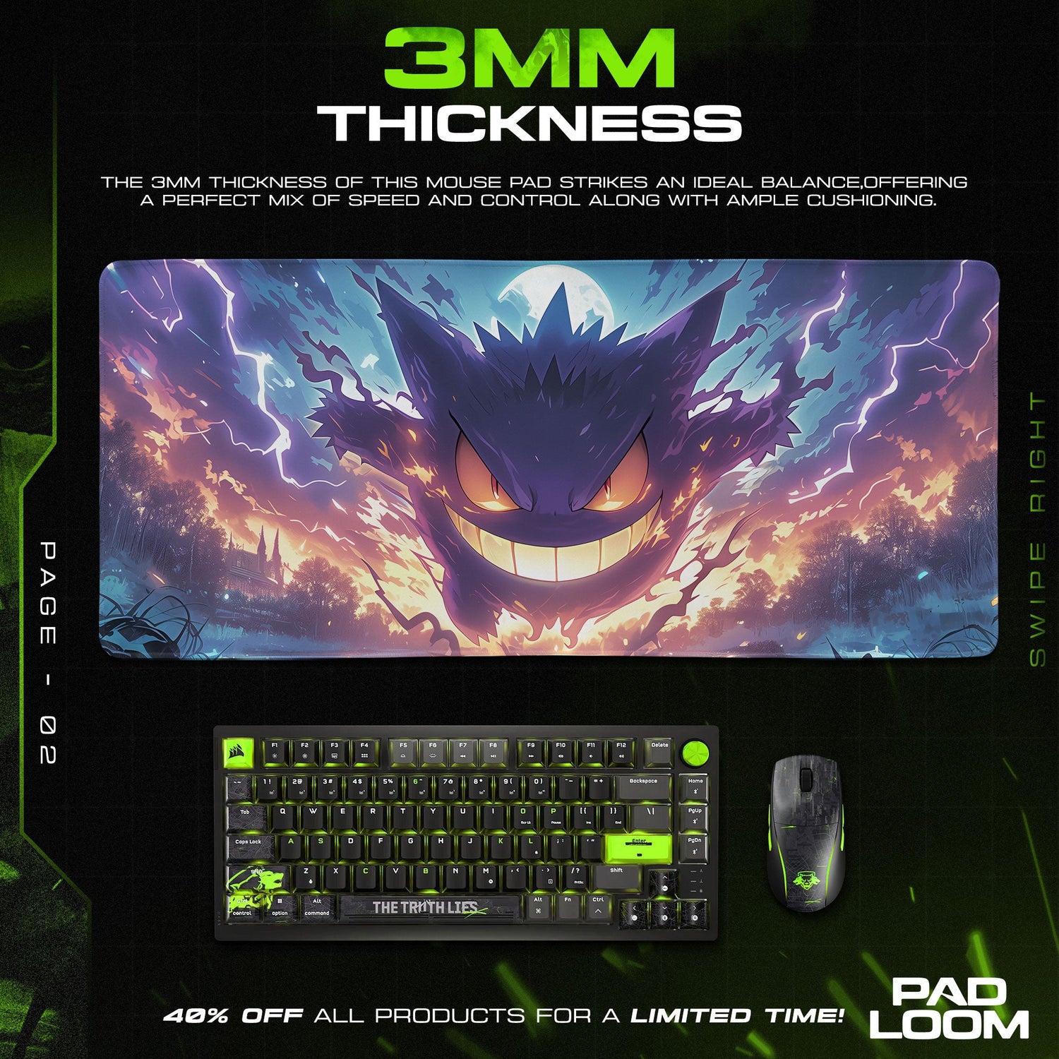 Shadow Gengar Mouse Pad, Ghost Pokémon Gaming Desk Mat Padloom