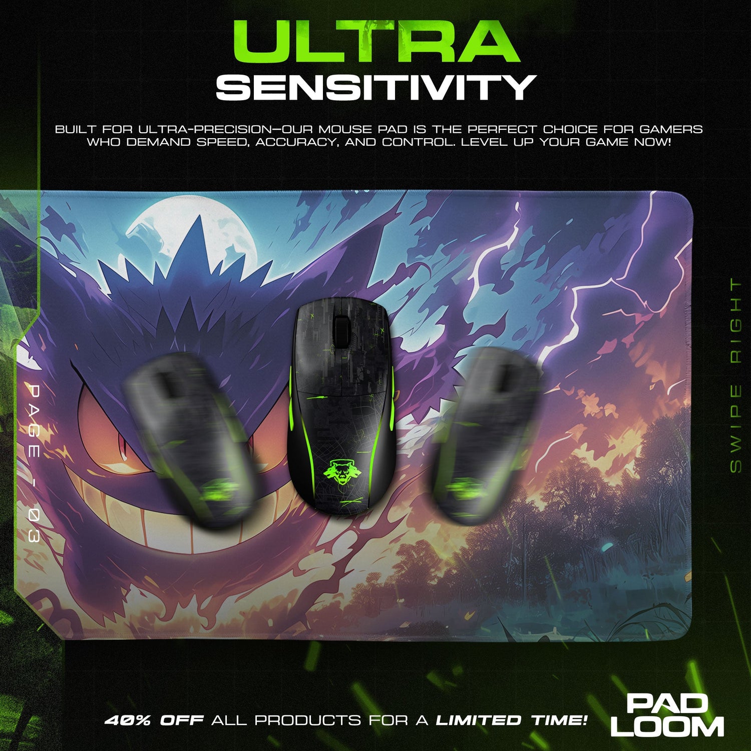 Shadow Gengar Mouse Pad, Ghost Pokémon Gaming Desk Mat Padloom