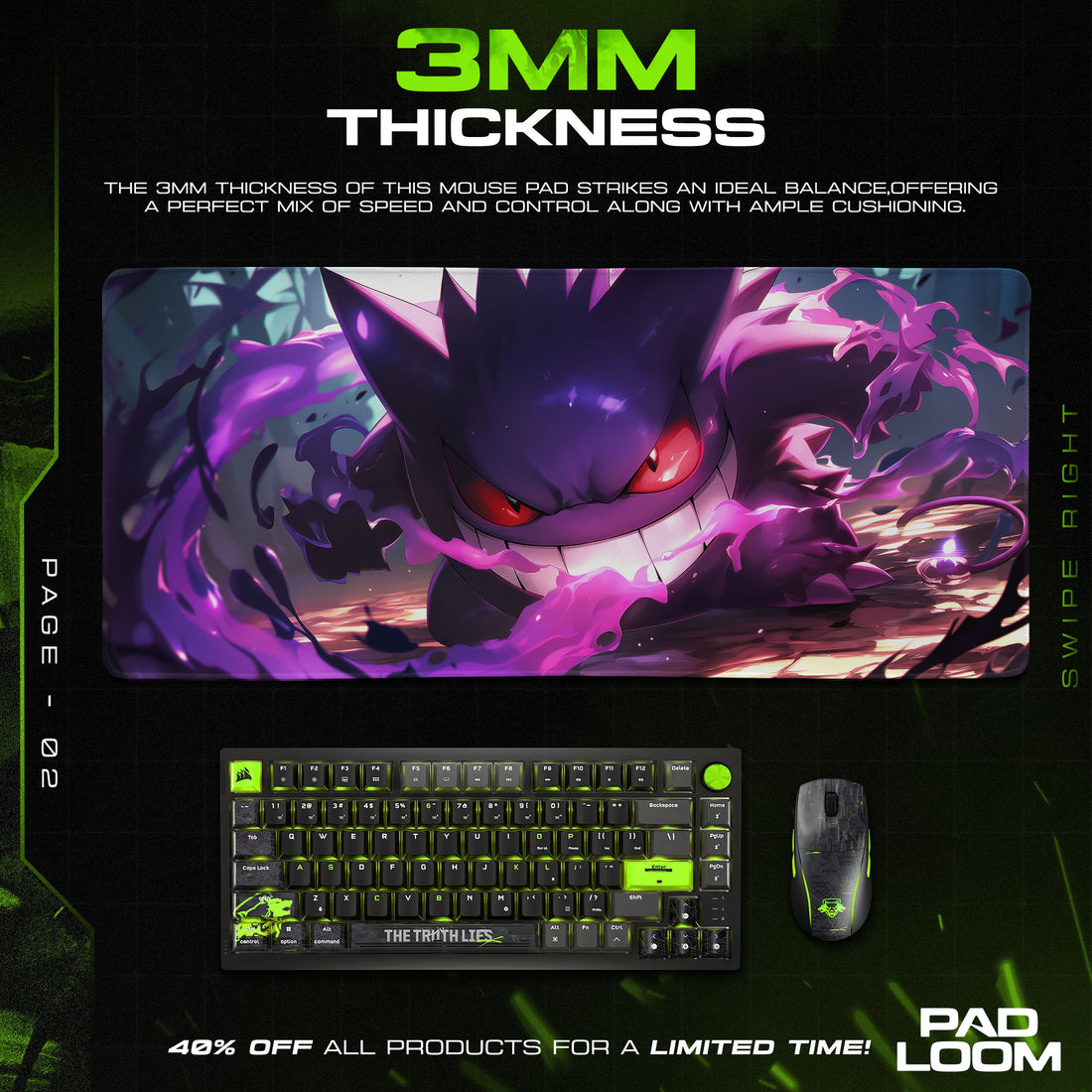 Shadow Surge Gengar Mouse Pad, Ghost Pokémon Gaming Desk Mat