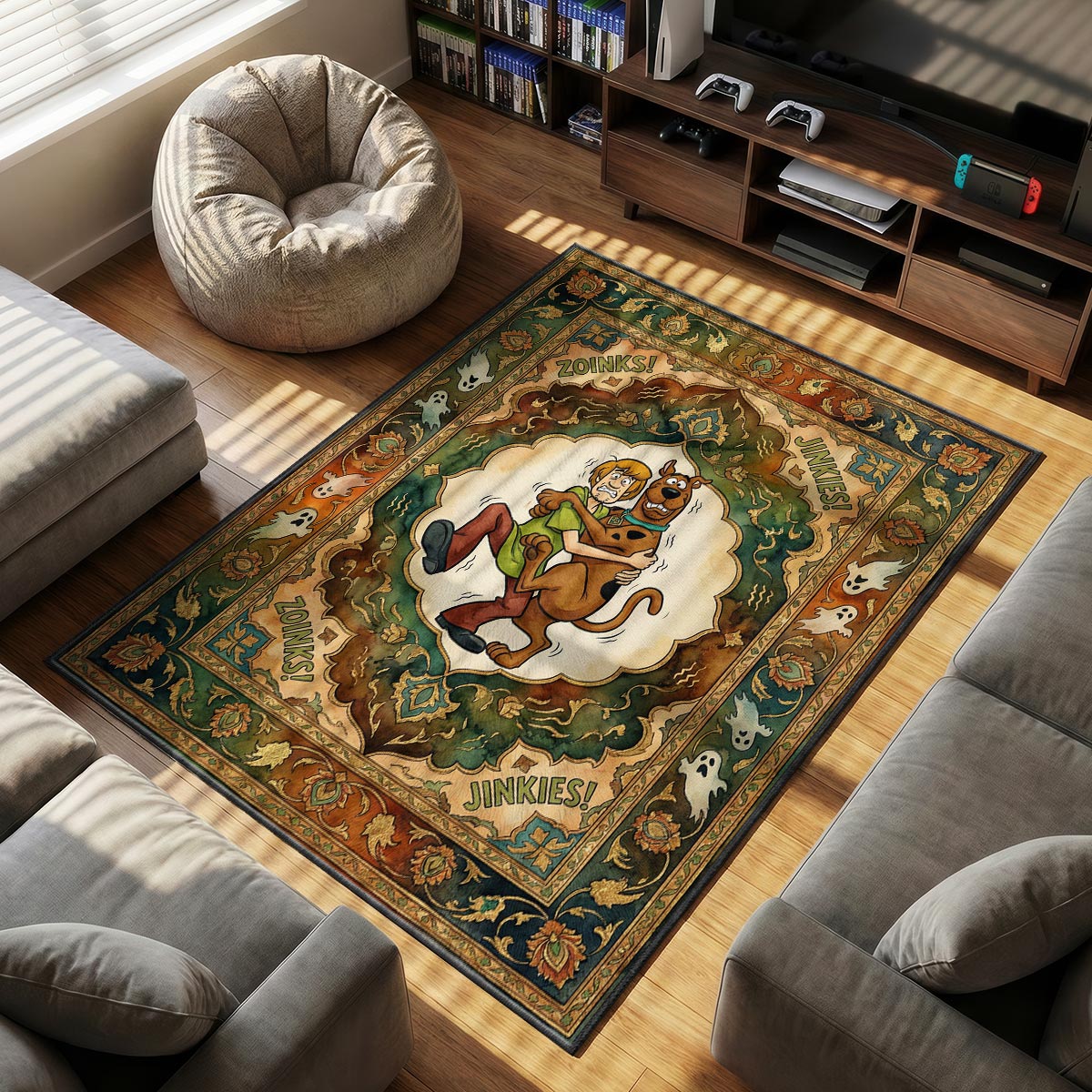 Close-up of Shaggy and Scooby area rug showing watercolor texture and non-slip backing edge