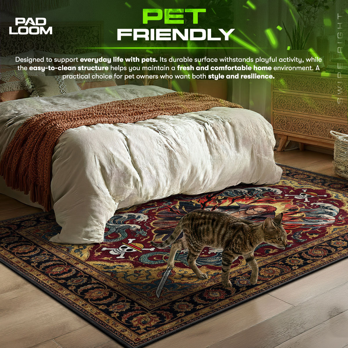 Red area rug showing full home decor artwork