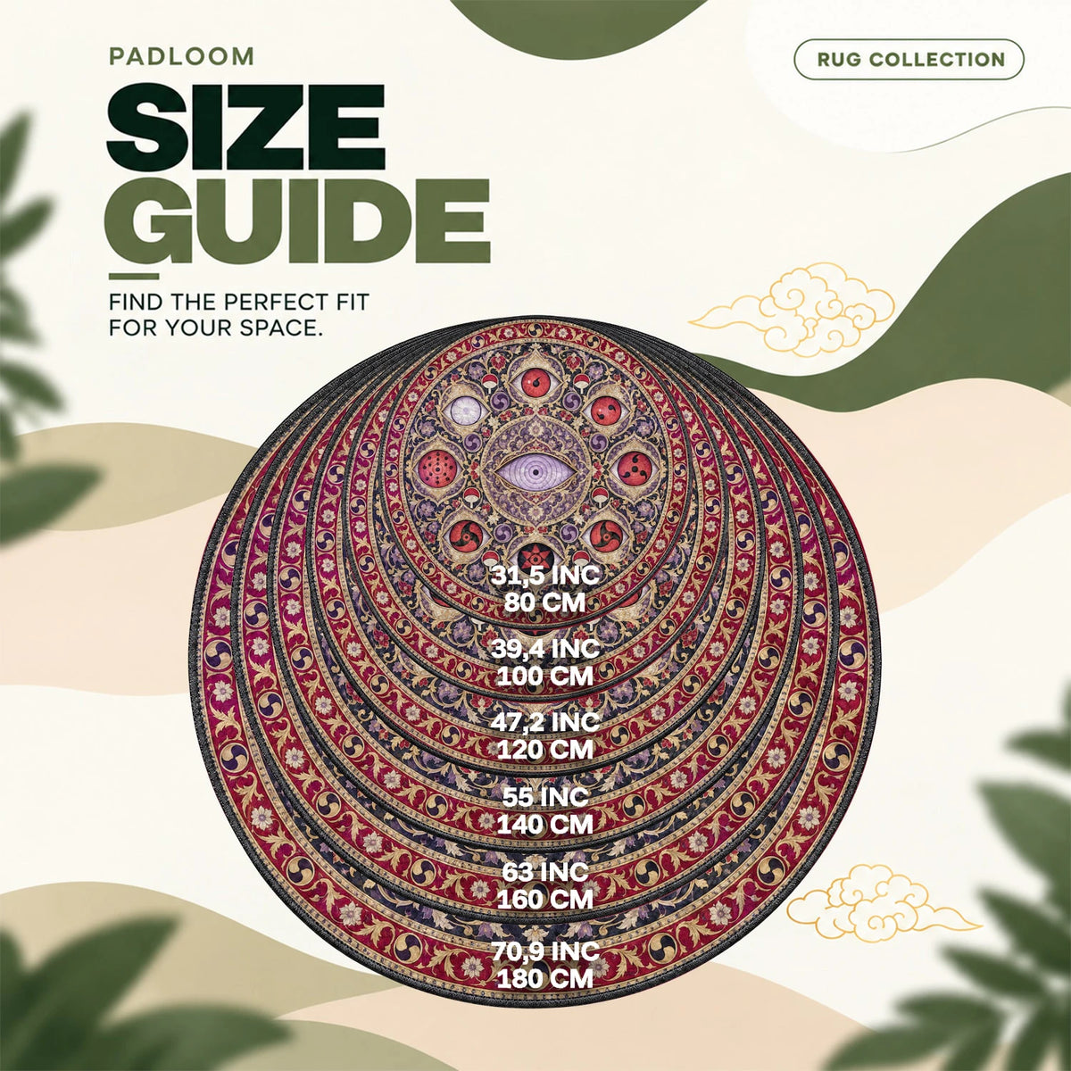 Sharingan Medallion round rug size guide, 80 to 180 cm (31.5 to 70.9 in)