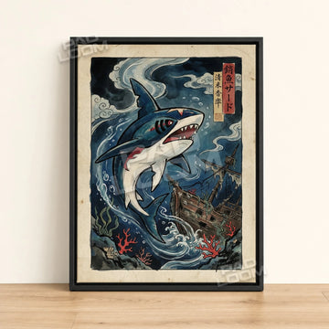 Sharpedo Shipwreck Pokemon poster - framed canvas wall art in a black frame