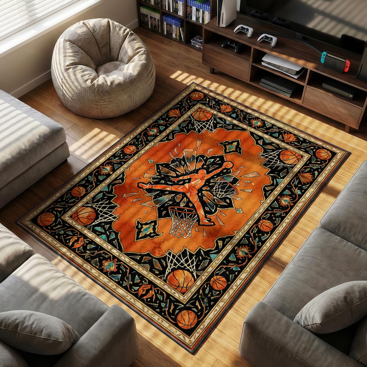 Shattered Court themed area rug for home decor fans