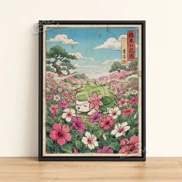 Shaymin Hibiscus Pokemon poster - framed canvas wall art in a black frame