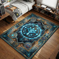 Sheikah Eye symbol on ancient stone gate with glowing blue circuitry and constellations gaming area rug and floor mat