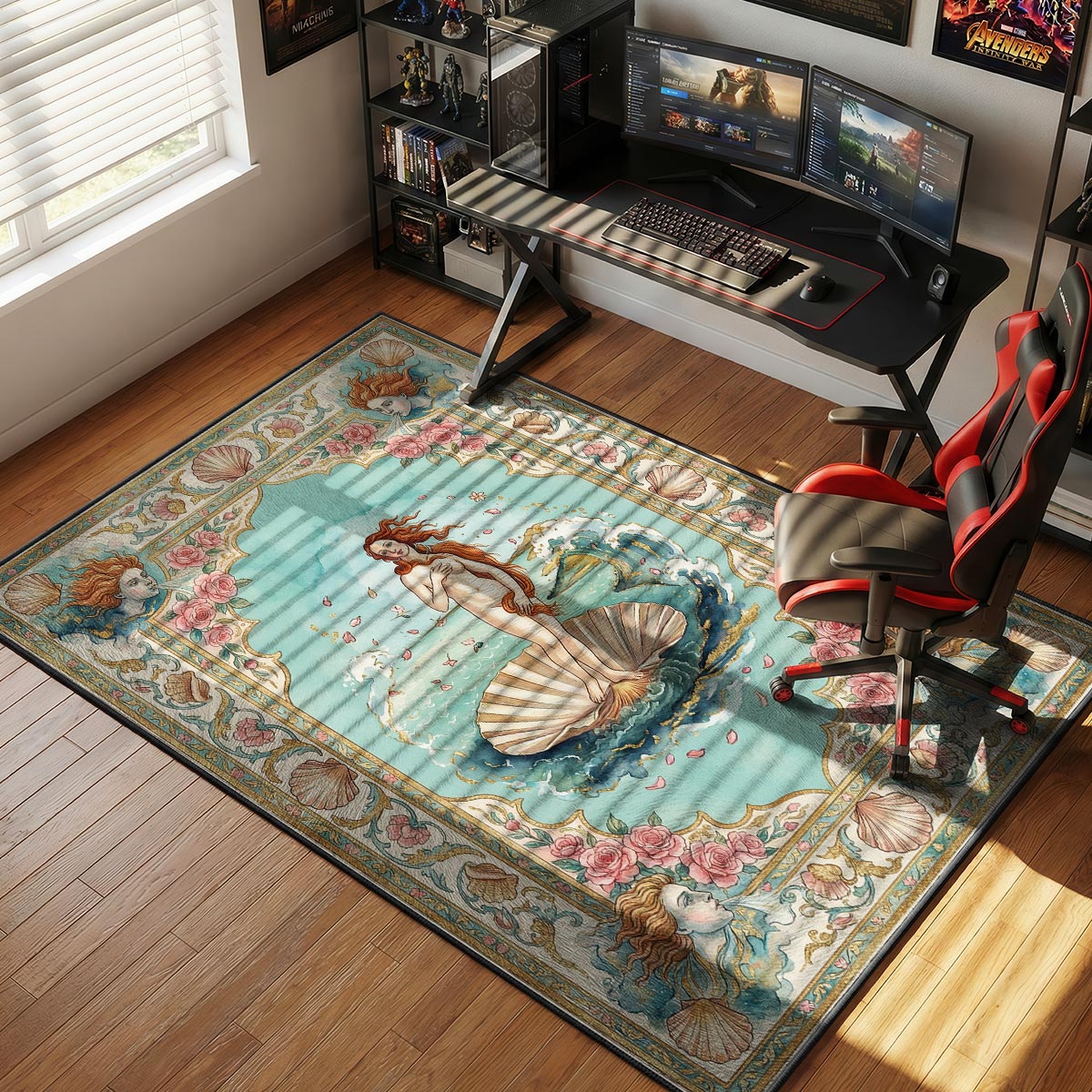 Shell Venus rug placed in a bright bedroom with white linen curtains and light wood furniture