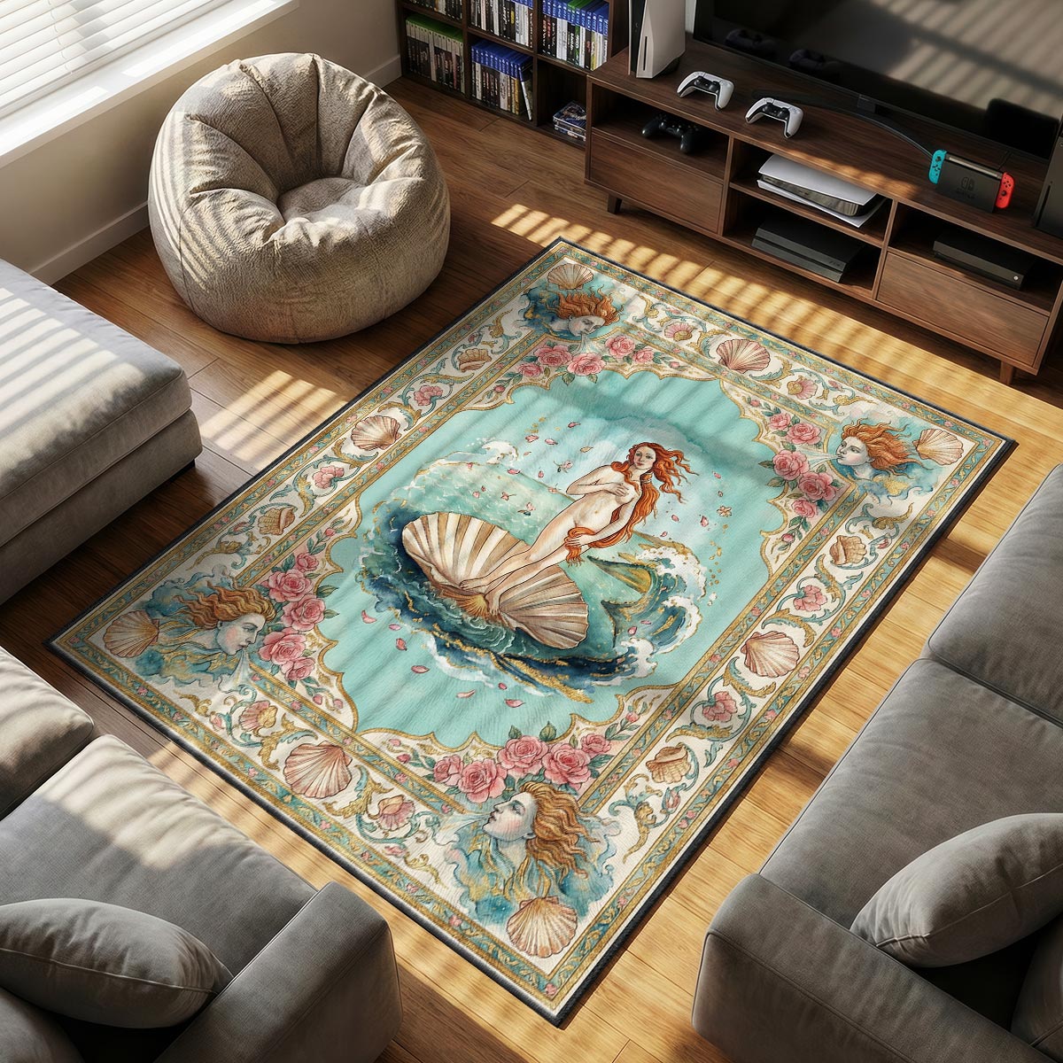 Close-up of shell Venus rug showing rose petal detail and scallop shell texture on velvet surface
