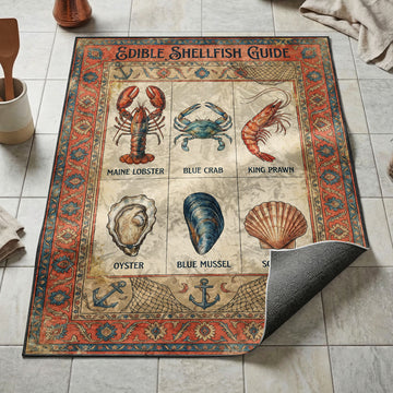 Six edible shellfish kitchen mat with lobster blue crab and scallop on coral maritime border