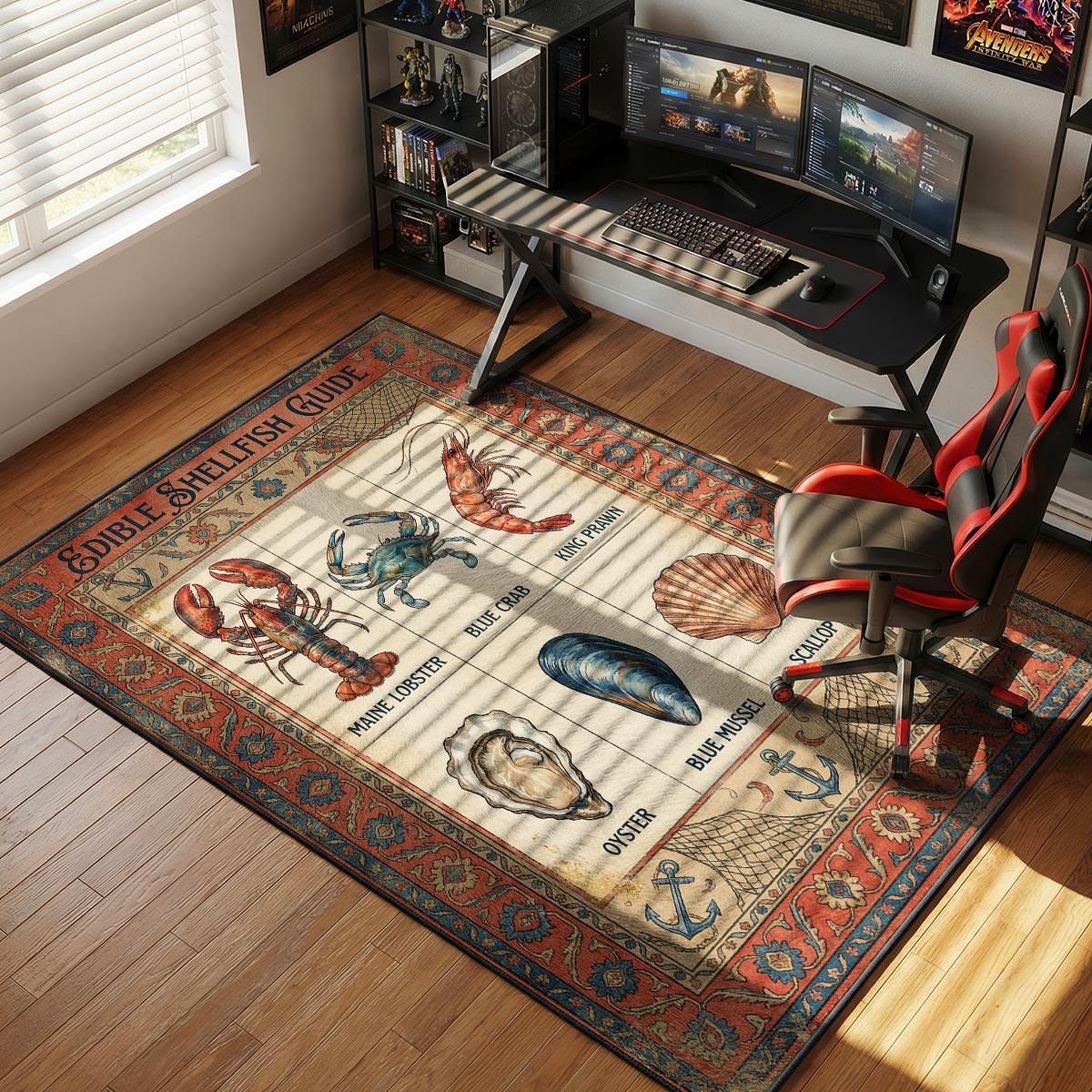 Shellfish guide kitchen rug on white tile floor near a copper pot and coastal kitchen decor