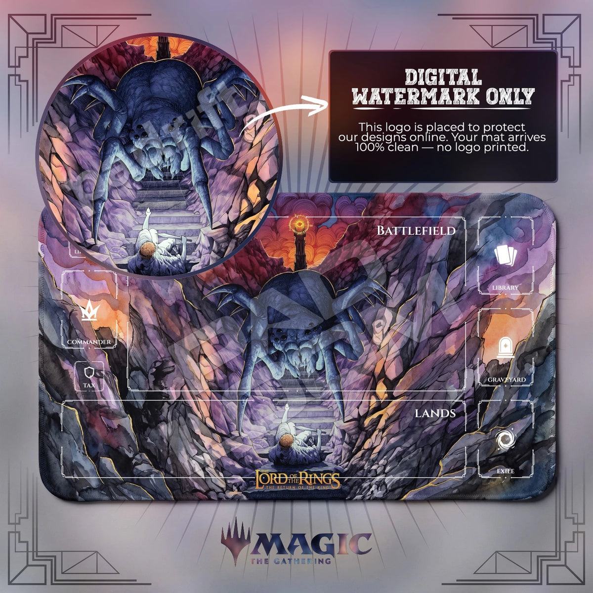 Shelob Stairs MTG playmat with zones; the Padloom watermark is digital only, not printed