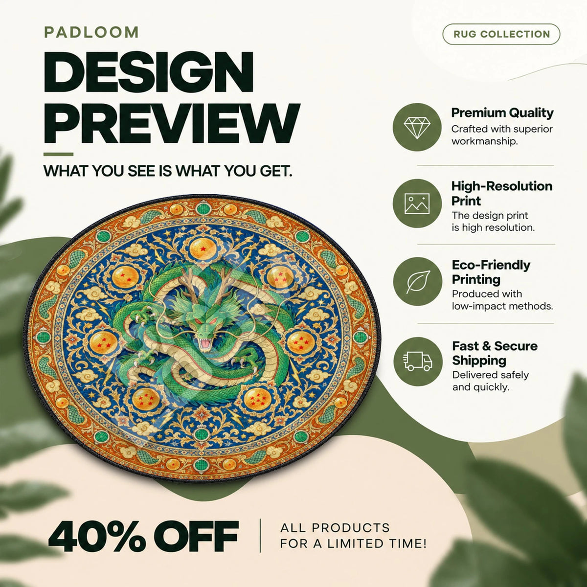 Shenron Coiled Dragon Ball round rug full design preview