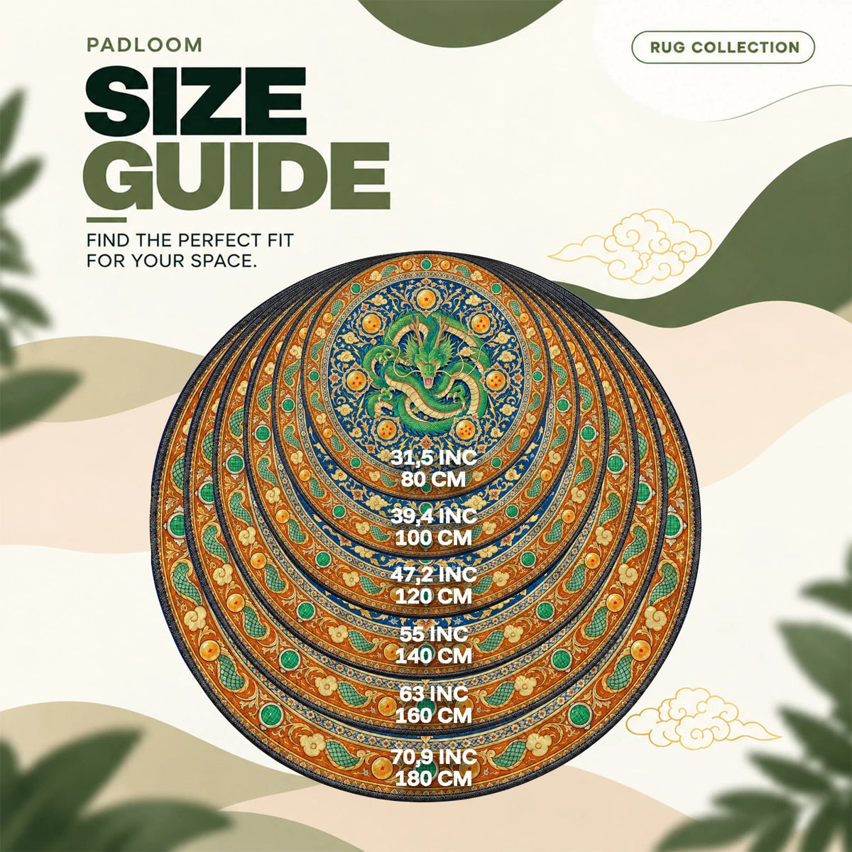 Shenron Coiled round rug size guide, 80 to 180 cm (31.5 to 70.9 in)