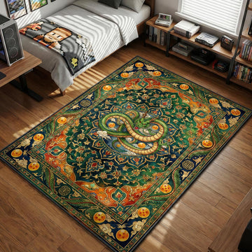 Shenron green dragon coiled in vintage teal and gold oriental floral design with Dragon Ball border area rug and floor mat