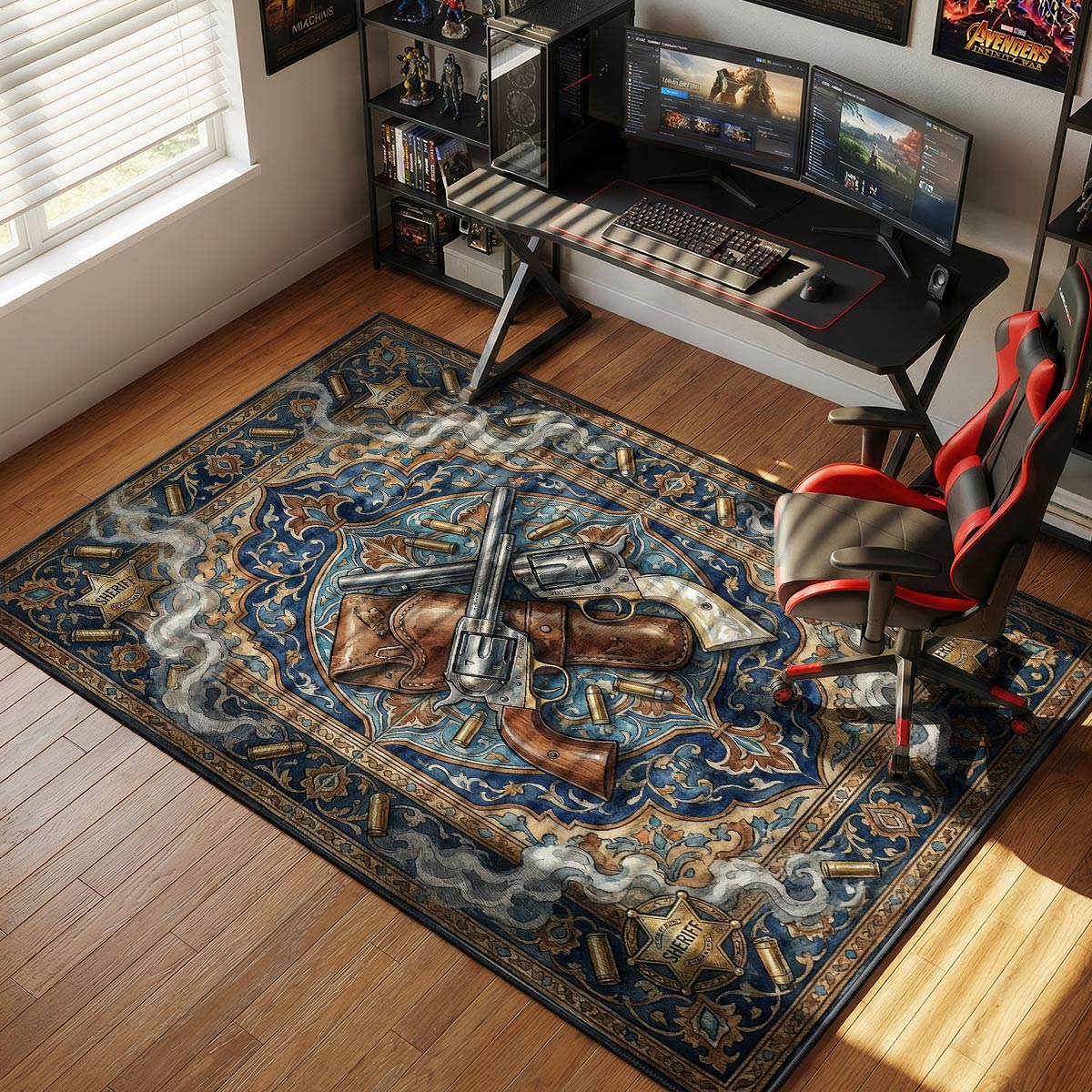Sheriff revolvers rug placed in a rustic den with leather armchair and wood paneling