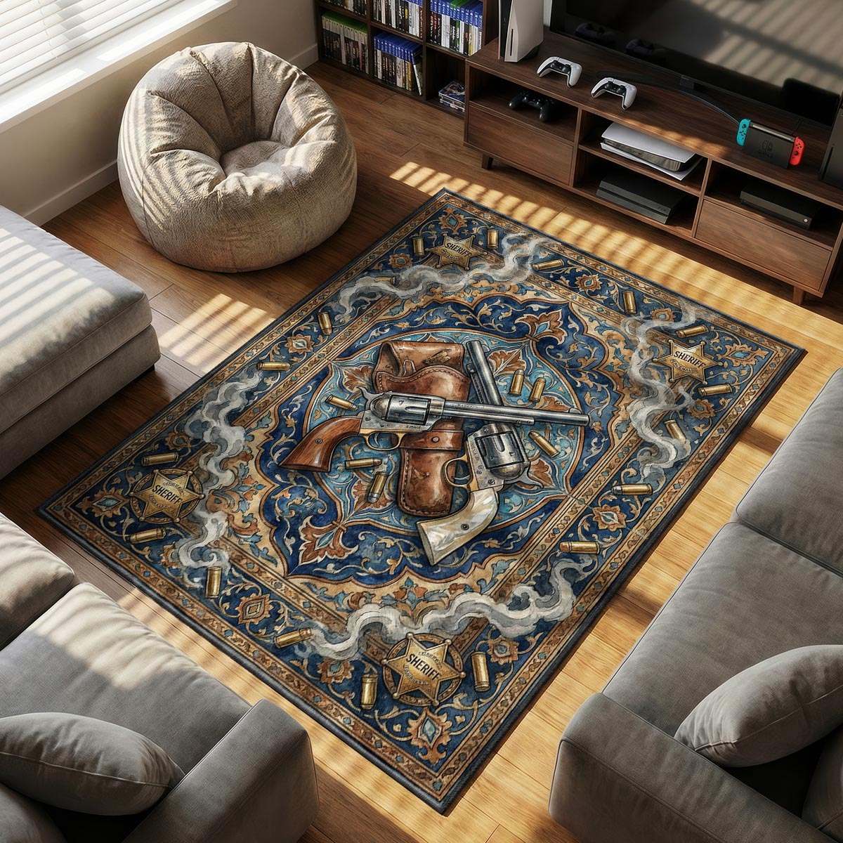Close-up of revolvers rug showing smoke detail and sheriff badge on dye-sublimation velvet