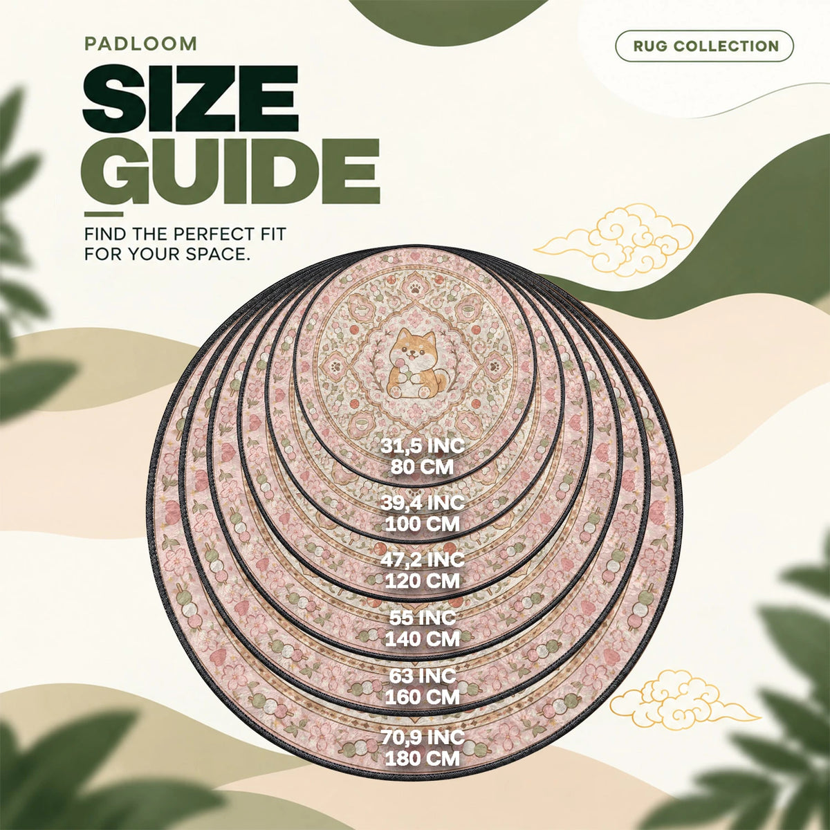 Shiba Inu Dango round rug size guide, 80 to 180 cm (31.5 to 70.9 in)