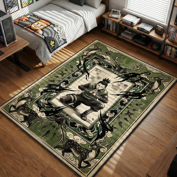 Shikamaru Nara in signature thinking pose using Shadow Possession Jutsu on a vintage scroll art style rug design featuring deer and shogi board.