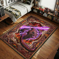 Shin Godzilla firing his purple atomic beam surrounded by a burning city skyline and twisted organic flesh borders in a dark apocalyptic tapestry art style movie themed area rug and home theater mat