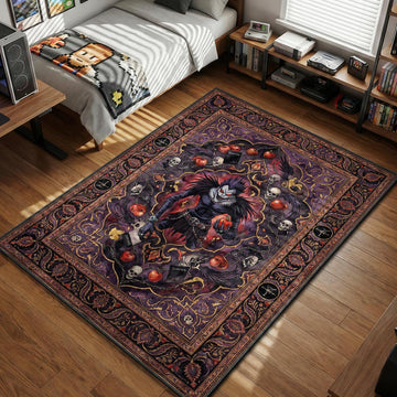 Ryuk the Shinigami holding a red apple surrounded by skulls and chains in dark gothic art style area rug and floor mat