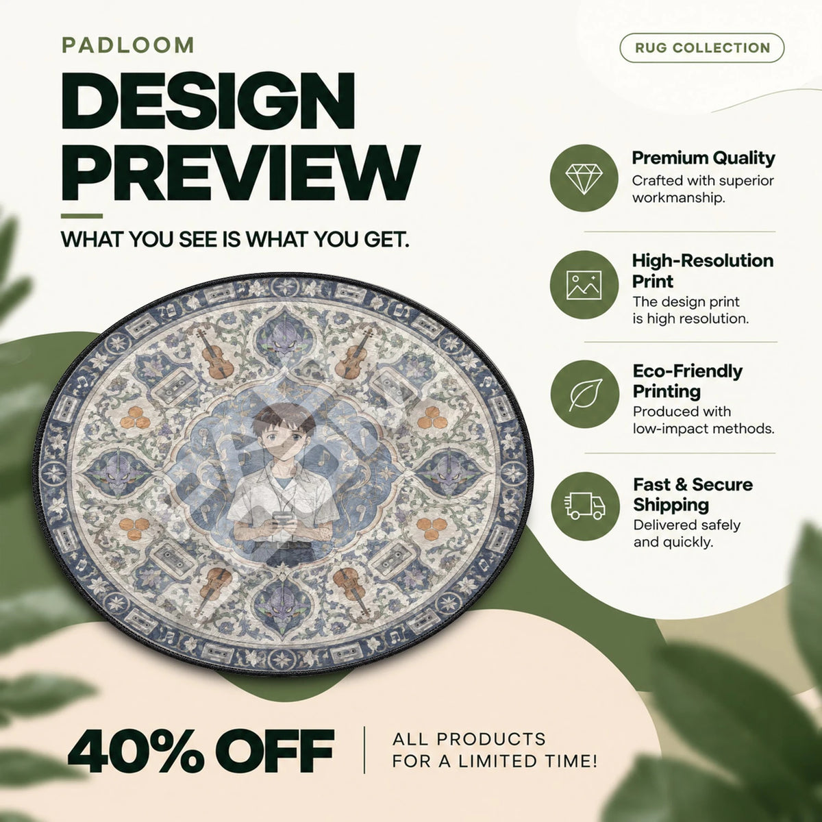 Shinji Listening Evangelion round rug full design preview