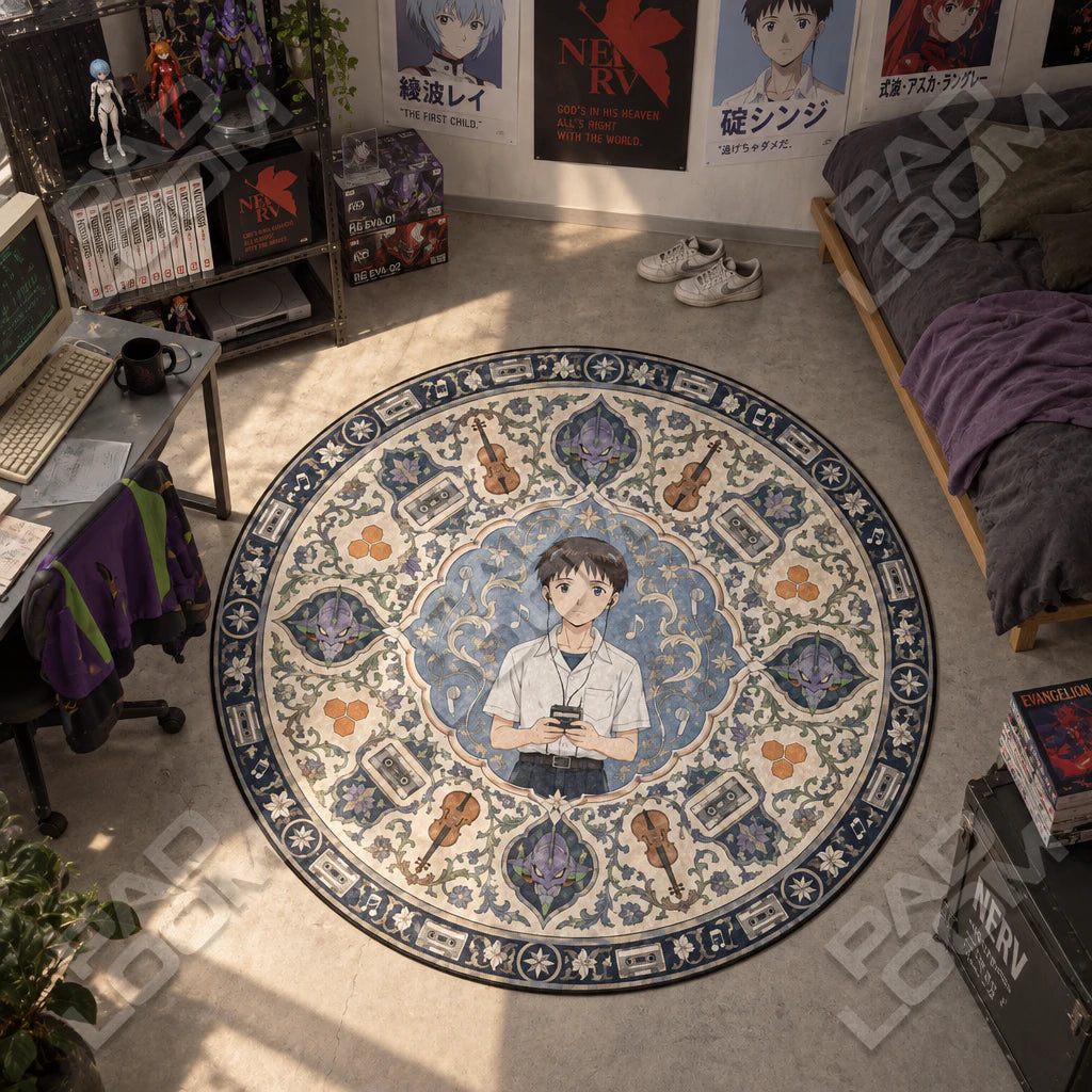 Shinji Listening Evangelion round rug on a bedroom floor - Evangelion chair mat