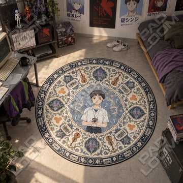 Shinji Listening Evangelion round rug on a bedroom floor - Evangelion chair mat