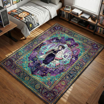 Shinobu Kocho standing with sword surrounded by purple butterflies and wisteria flowers in Persian style area rug and floor mat
