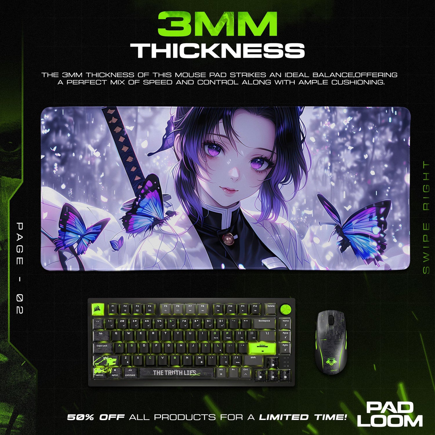 Shinobu Serene Butterflies Mouse Pad, Anime Gaming Desk Mat Padloom