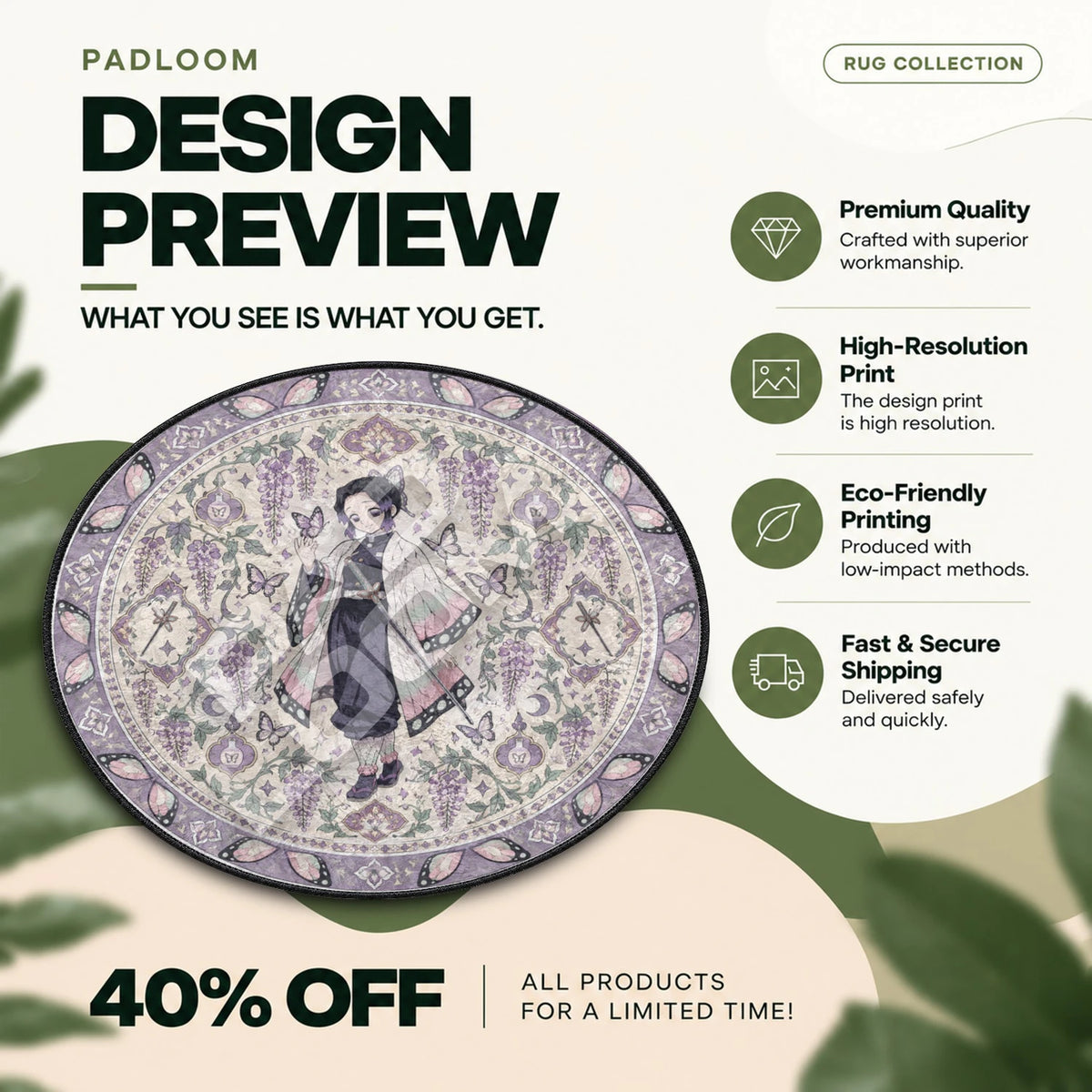 Shinobu Wisteria Demon Slayer round rug full design preview