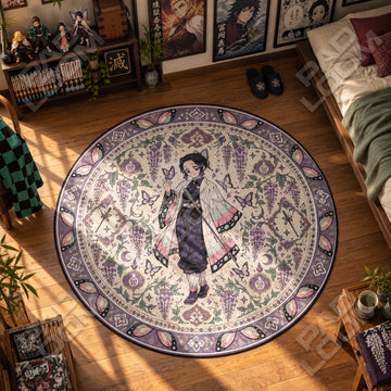 Shinobu Wisteria Demon Slayer round rug on a bedroom floor - Demon Slayer chair mat