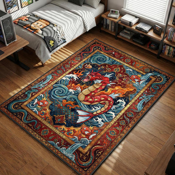 Red Shiny Gyarados roaring surrounded by swimming Magikarp and runic borders in a traditional style area rug and floor mat