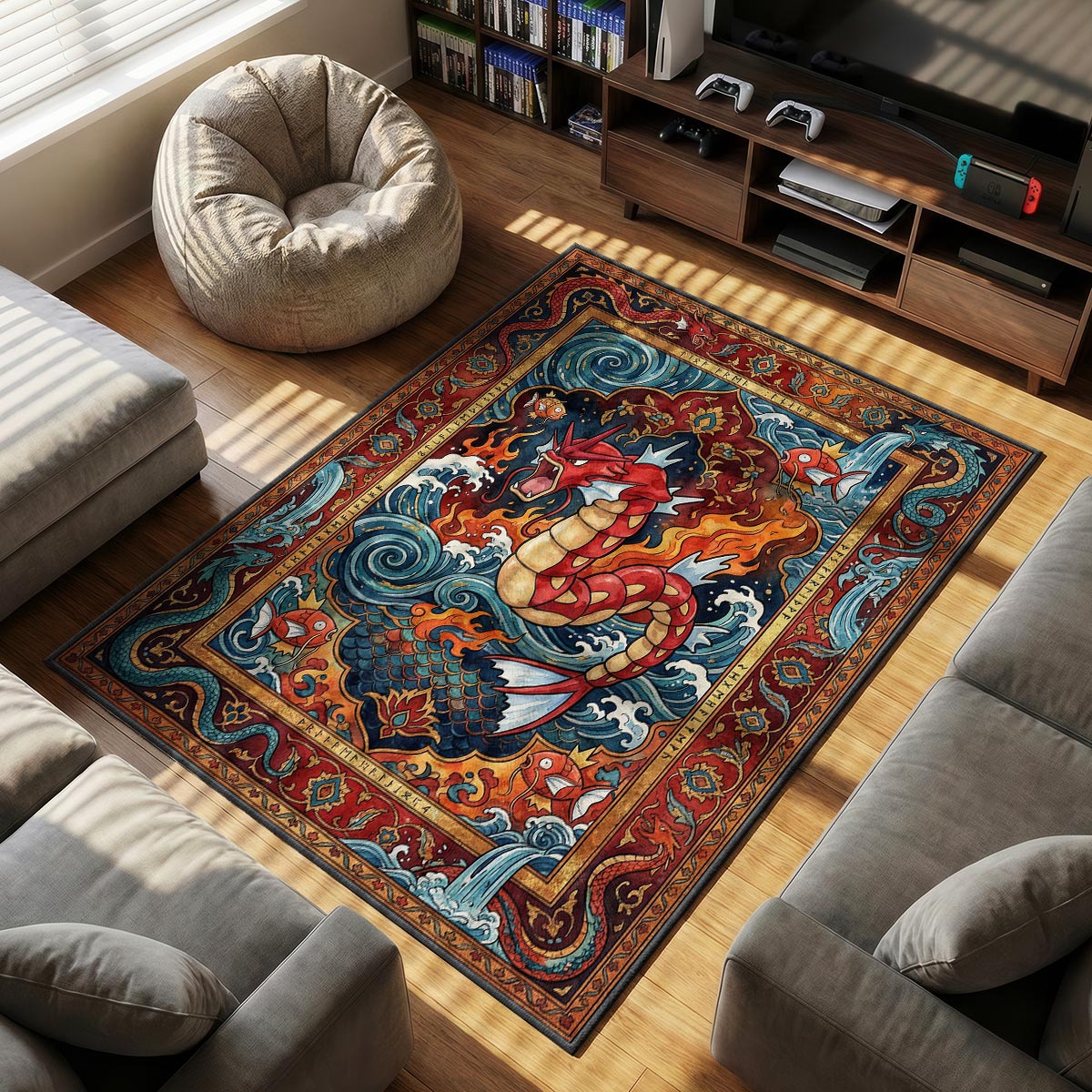 Shiny Gyarados themed area rug for Pokemon fans