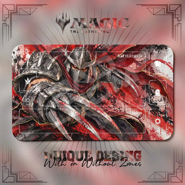 Shredder Gauntlet TMNT MTG playmat, red and gray art with play zones, 24 x 14 in
