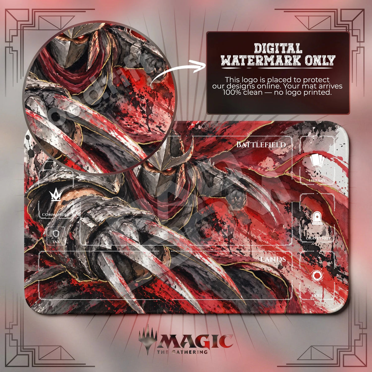 Shredder Gauntlet TMNT MTG playmat with zones; the Padloom watermark is digital only, not printed