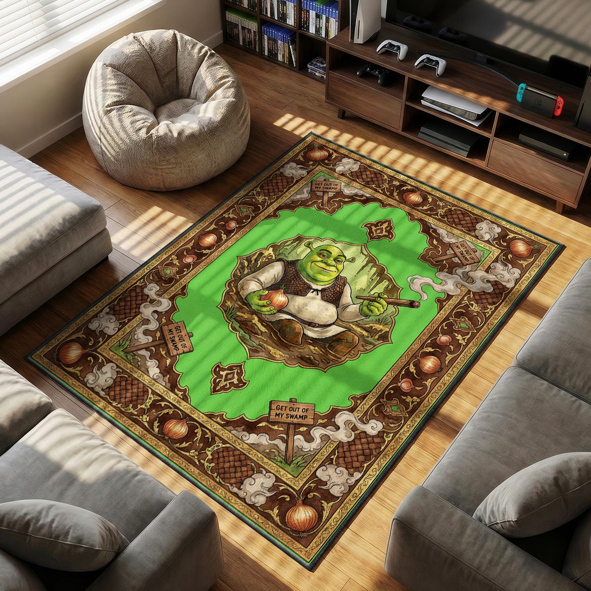 Shrek Swamp themed area rug for home decor fans