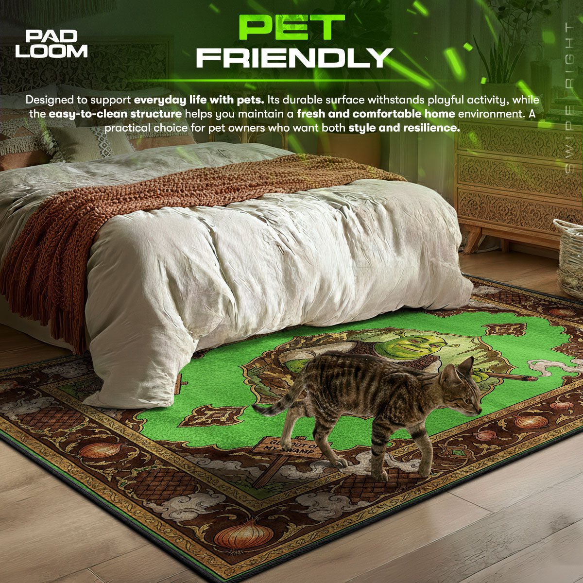 Detailed close-up of Shrek rug pattern