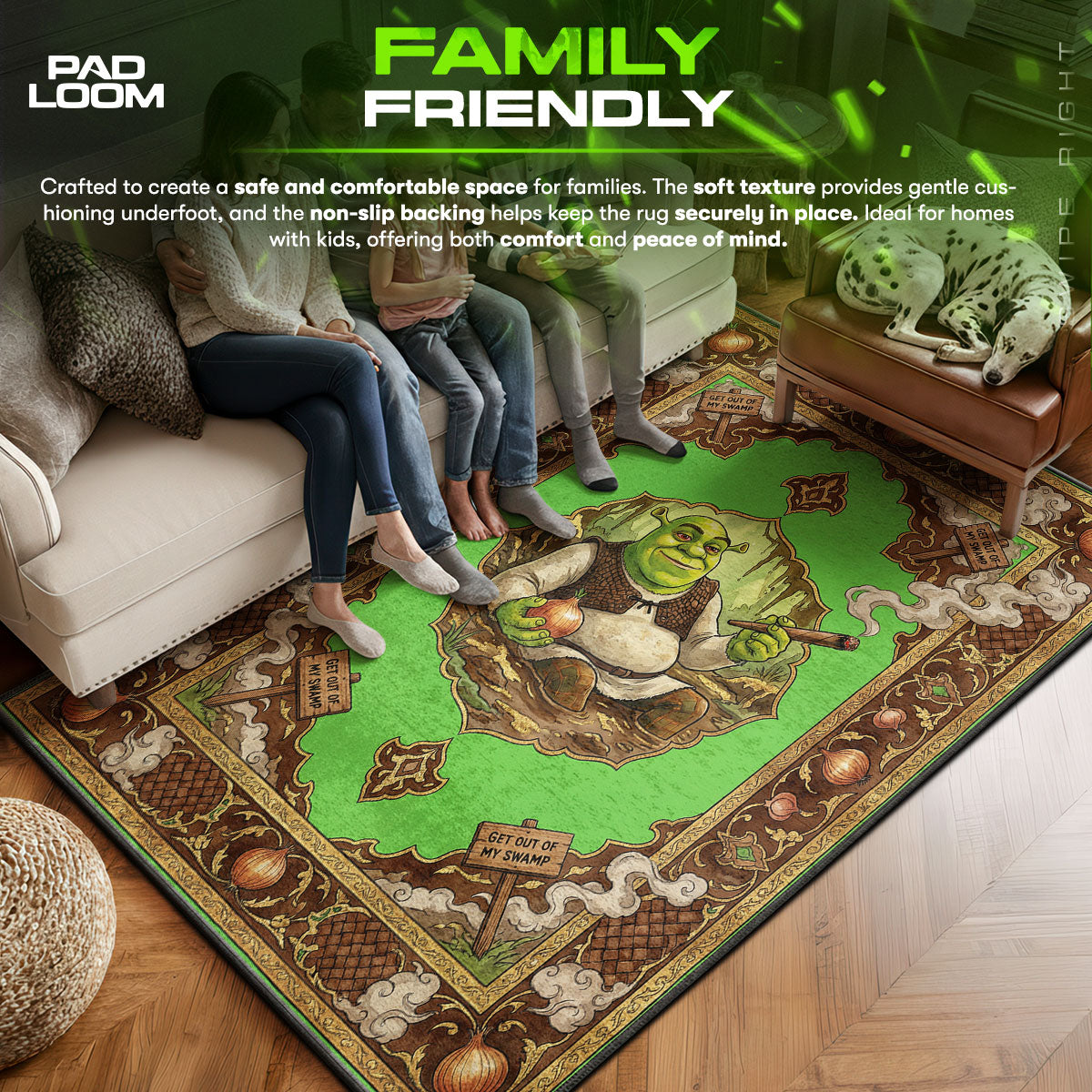 Shrek area rug showing full home decor artwork