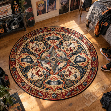 Shuriken Medallion Naruto round rug on a bedroom floor - Naruto chair mat