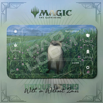 Siamese Cat Clover MTG playmat, green and blue art with play zones, 24 x 14 in