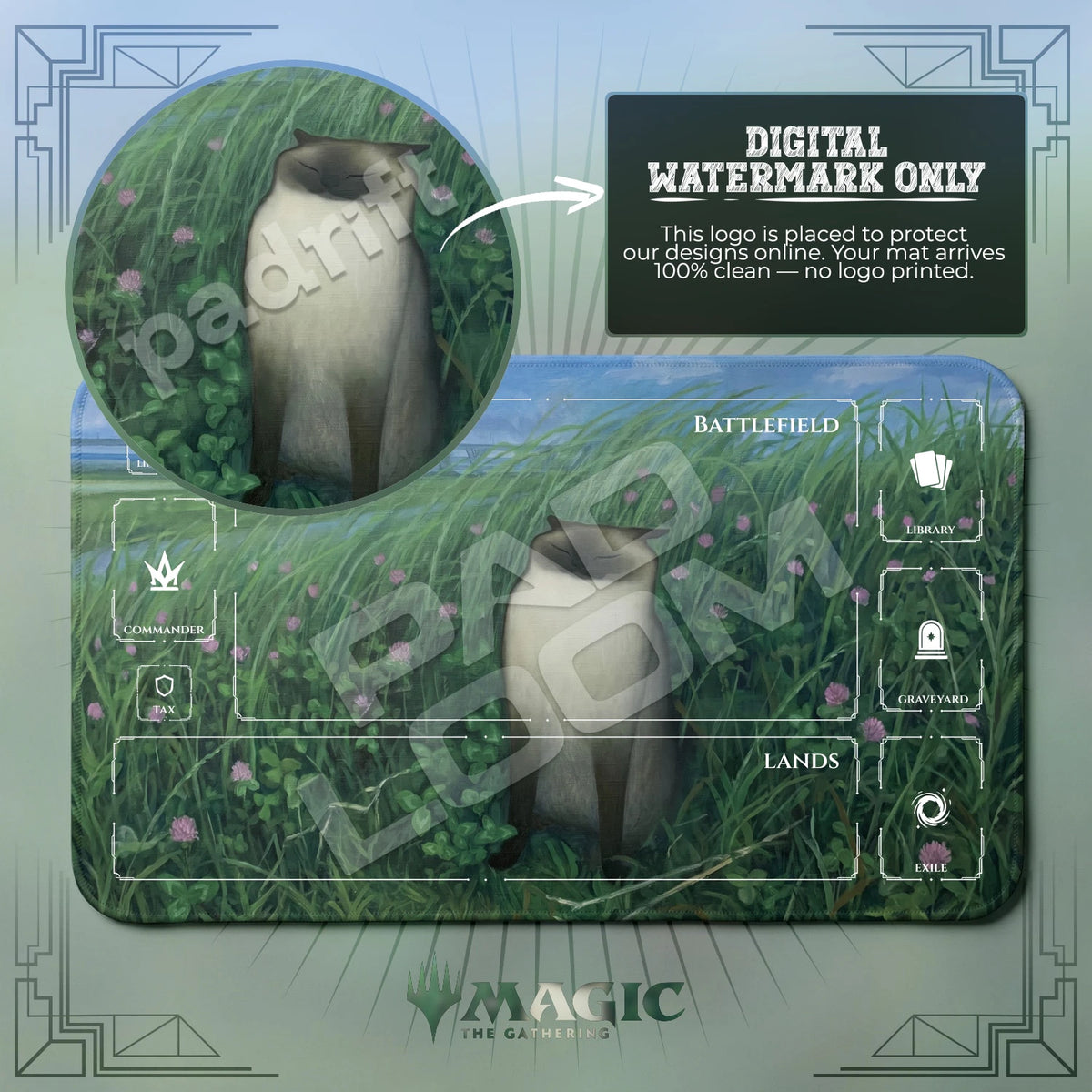 Siamese Cat Clover MTG playmat with zones; the Padloom watermark is digital only, not printed