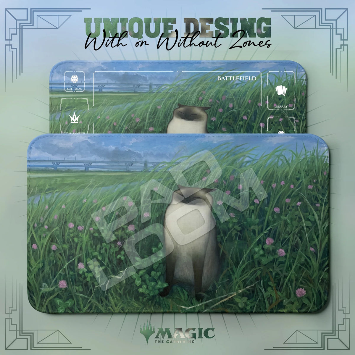 Siamese Cat Clover MTG playmat shown with zones and without zones